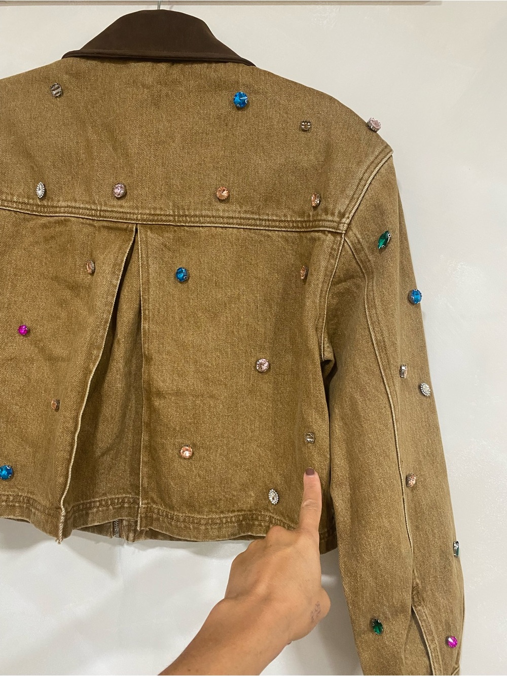 Avec Les Filles Embellished Cropped Barn Jacket Tan Brown Medium - Picture 9 of 14